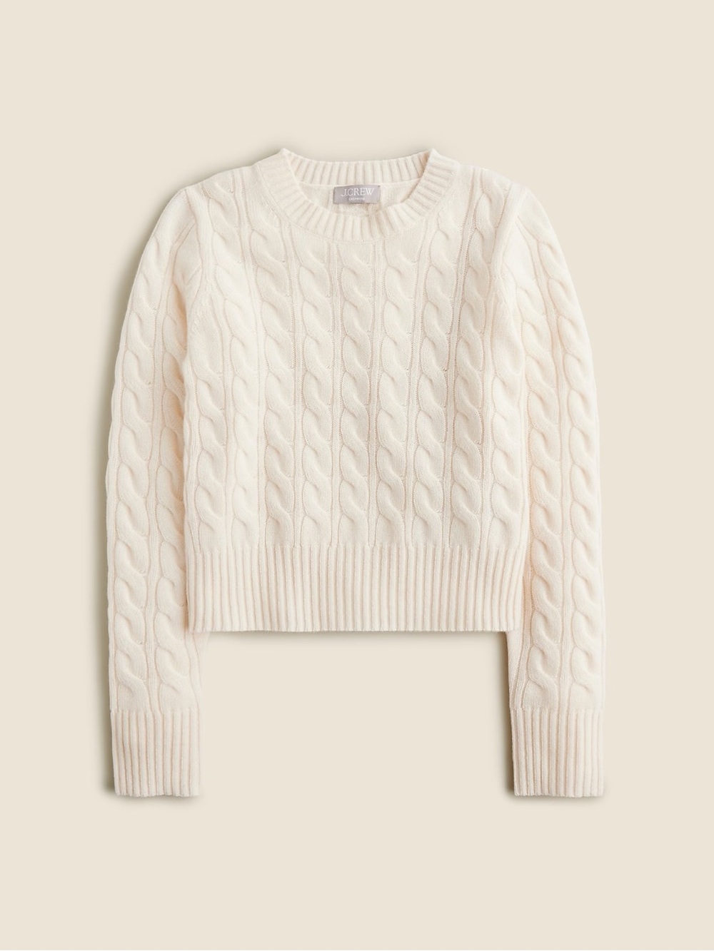 $198 J. Crew 💯 Cashmere Shrunken Cable Knit Crewneck Sweater, Ivory, M Medium